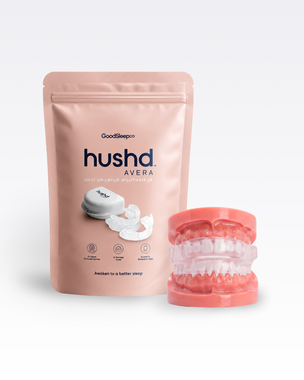 Hushd Avera pouch and mouthpiece on a dental model