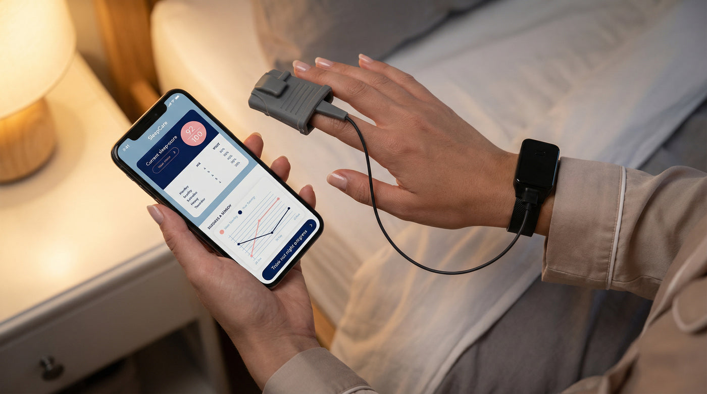 Person using a smartphone app with a device attached to their wrist, likely for health monitoring.